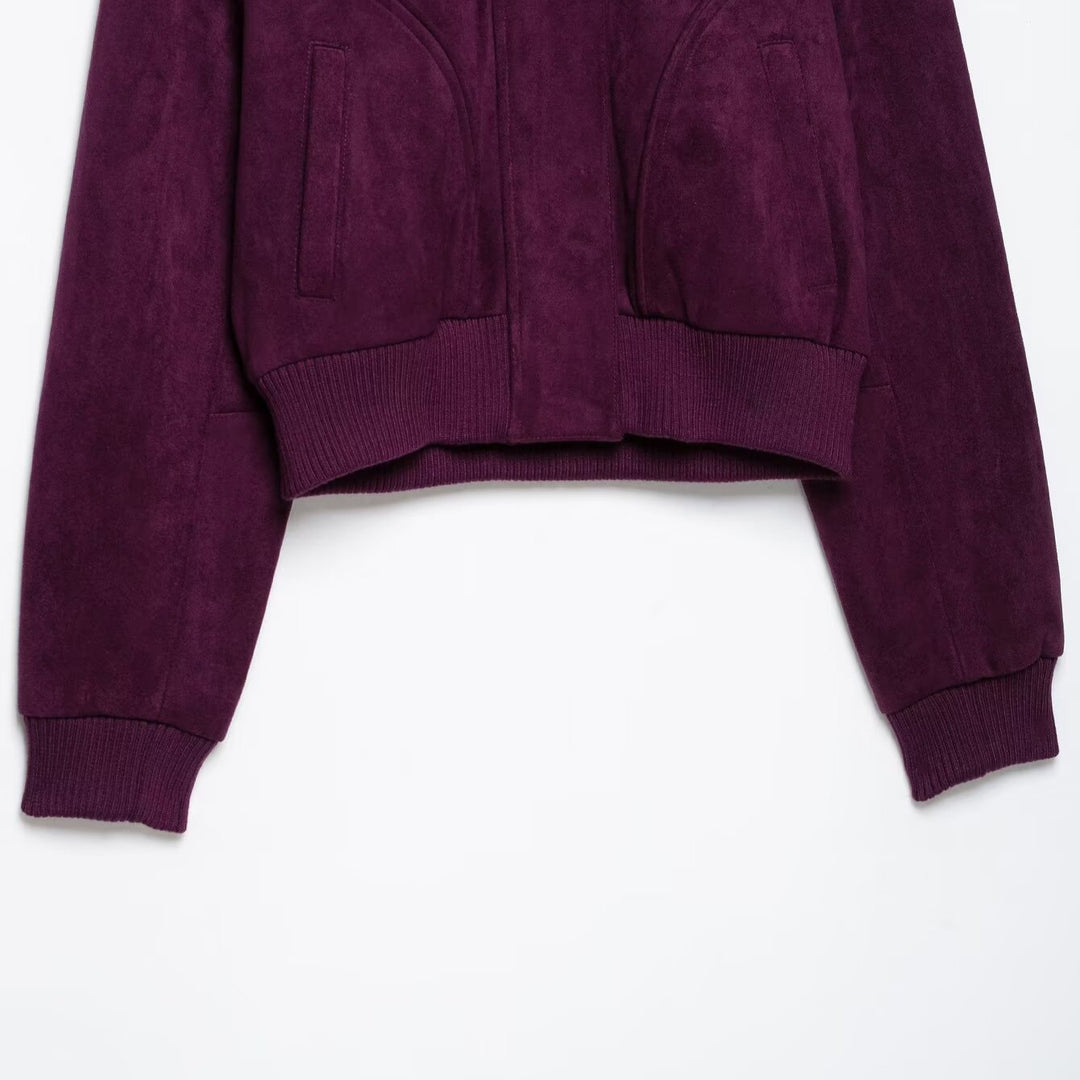 Damen Cropped Veloursjacke im Bomberstil mit hohem Rippkragen und Taillenbündchen Nord Taschen