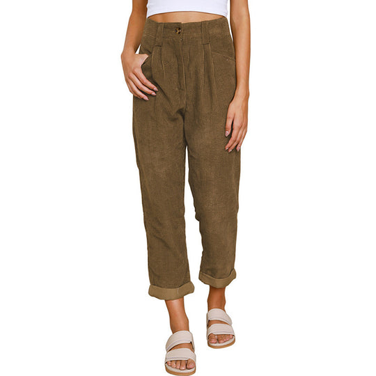Damen lässige Cordhose mit hoher Taille, lockerer Tapered-Passform und umgeschlagenem Saum Nord Taschen