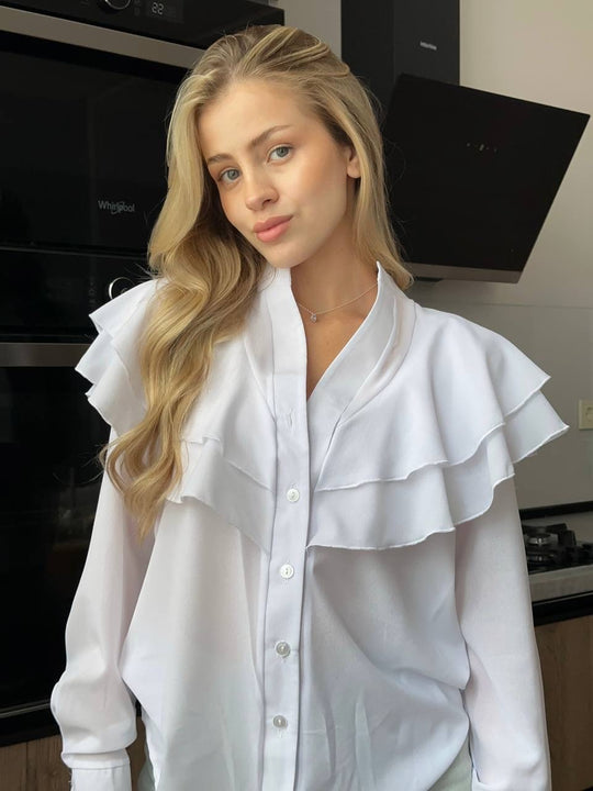 Damen Chiffon-Bluse mit mehrlagiger Volant-Rüsche und Perlmuttknöpfen Nord Taschen