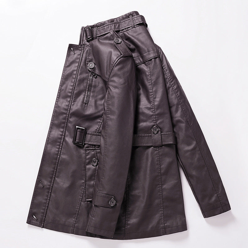 Herren Taillierter Leder-Trench mit Gürtel und Ziernähten Nord Taschen