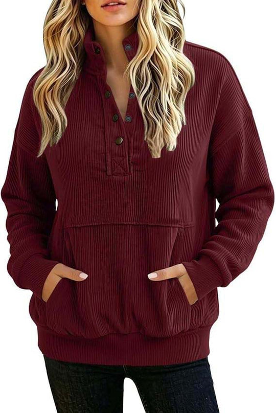 Damen gerippter Henley-Pullover mit Stehkragen und Kängurutasche Nord Taschen