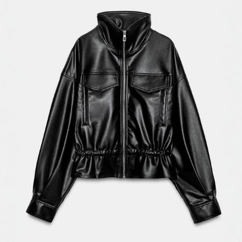 Damen Glänzende Cropped‑Kunstlederjacke im Blousonstil mit Stehkragen und Tunnelzugbund Nord Taschen