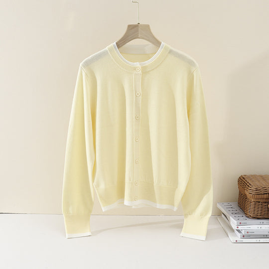 Damen Leichter Feinstrick-Cardigan mit Rundhals, Kontrastbündchen und durchgehender Knopfleiste Nord Taschen
