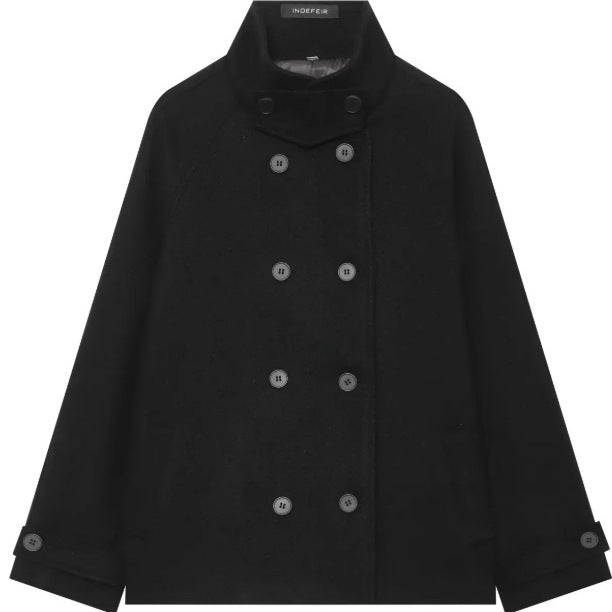 Damen Kurzer doppeltreihiger Wollmix‑Cape‑Mantel mit Stehkragen und Raglanärmeln Nord Taschen