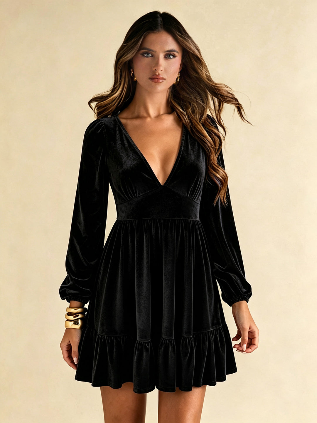 Damen elegantes Samt-Stufenminikleid mit tiefem V-Ausschnitt, taillierter Empire-Passe und voluminösen Ballonärmeln Nord Taschen