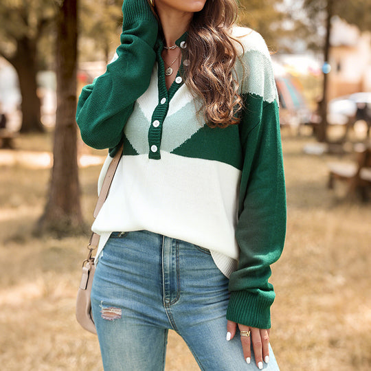 Damen Gemusterter Longsleeve Pullover mit Knopfleiste Nord Taschen