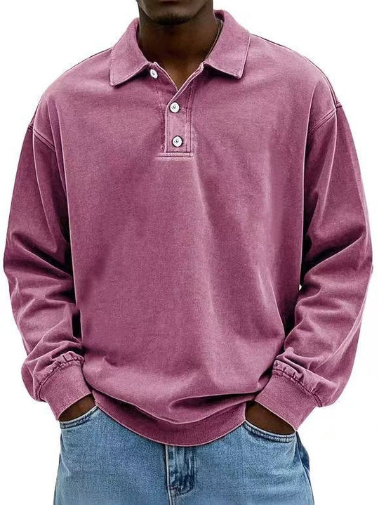 Herren nan lässiges Poloshirt-Sweatshirt mit Kragen, Vintage-Waschung und dreiteiliger Knopfleiste