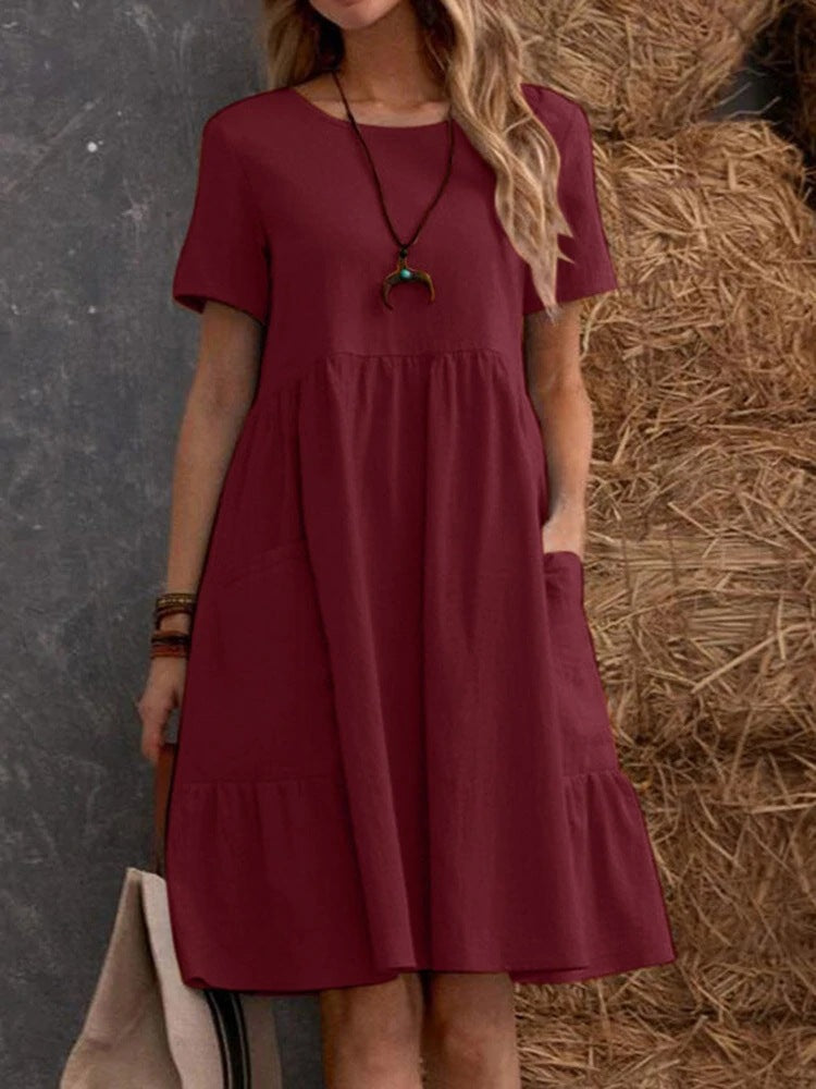 Damen Lockeres Baumwollkleid mit Taschen und Volant
