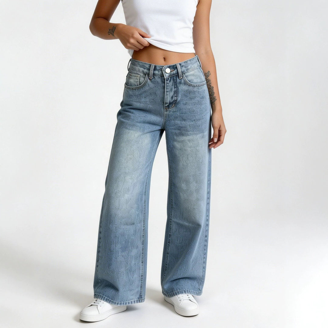 Damen hochgeschnittene Palazzo-Jeans mit extra weitem Bein und taillierendem Schnitt Nord Taschen