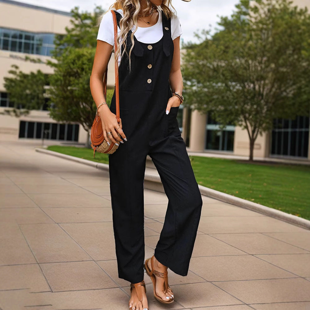 Damen Weichfallender Latz-Jumpsuit mit weitem Bein und Holzknopf‑Verschluss Nord Taschen