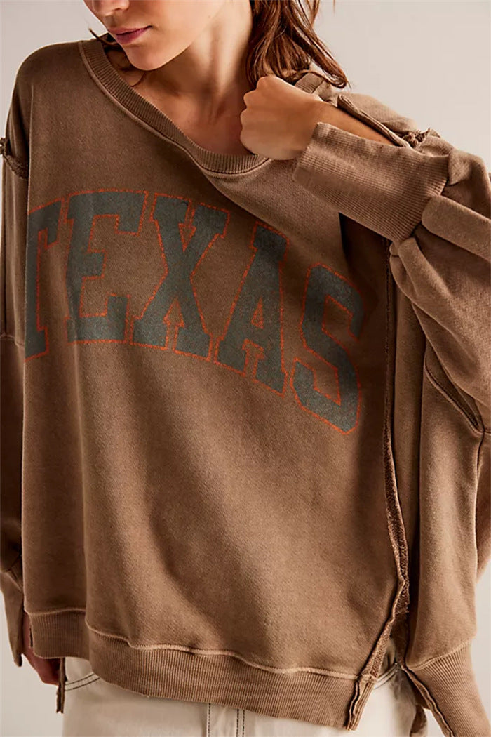 Damen oversized Sweatshirt mit Rüben-Print, ausgefransten Nahtakzenten und Daumenlochärmeln Nord Taschen