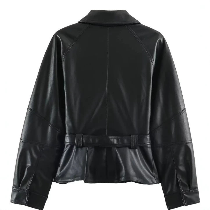 Damen Kurzjacke aus veganem Leder mit Taillengürtel und überschnittenen Schultern Nord Taschen