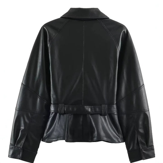 Damen Kurzjacke aus veganem Leder mit Taillengürtel und überschnittenen Schultern Nord Taschen