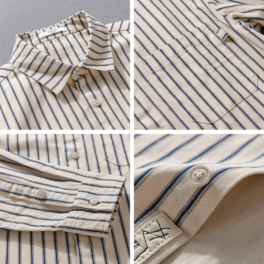 Herren Leichtes Baumwoll-Relaxed-Hemd mit vertikaler Double‑Stripe, Kentkragen und aufgesetzter Brusttasche Nord Taschen