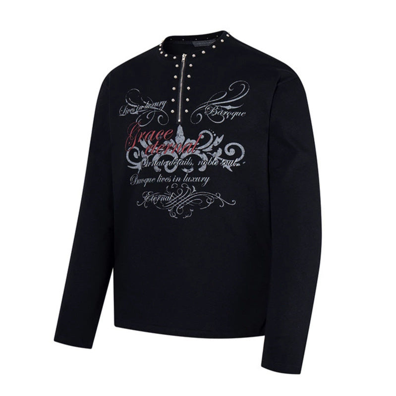 Damen Langarmshirt mit Halb-Reißverschluss, Nietenkragen und Barock-Schriftprint Nord Taschen