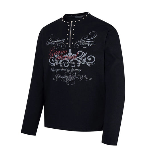 Damen Langarmshirt mit Halb-Reißverschluss, Nietenkragen und Barock-Schriftprint Nord Taschen