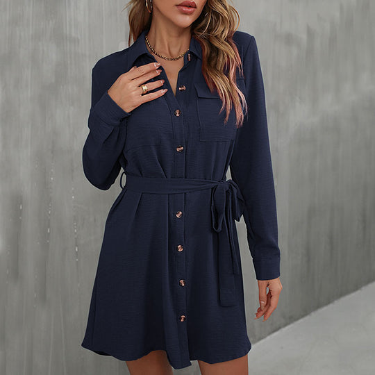 Damen Knielanges Hemdblusenkleid mit Taillengürtel Nord Taschen