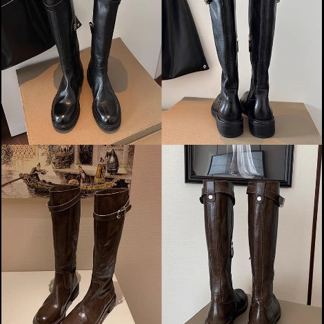 Damen kniehohe Lederstiefel mit flacher Profilsohle und Ziergurt Nord Taschen