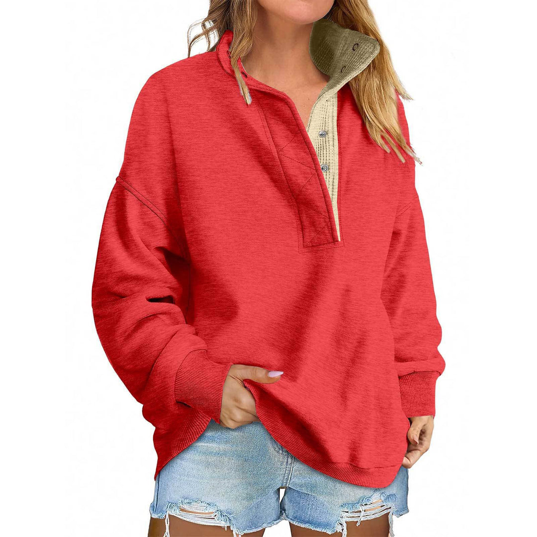 Damen Oversize-Henley-Sweatshirt mit Stehkragen und Druckknopfleiste Nord Taschen