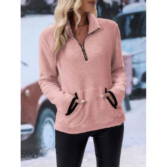 Damen flauschiger Fleece-Kuschelpullover mit halbem Reißverschluss, Kängurutasche und Stehkragen Nord Taschen