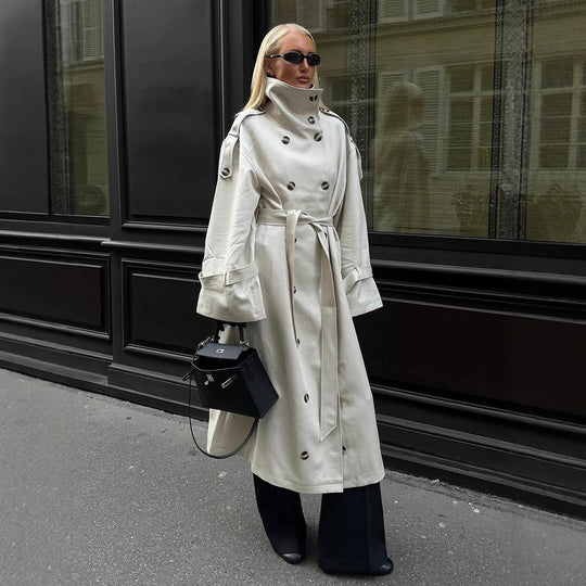 Damen langer Lederoptik Trenchcoat mit hohem Stehkragen, Taillengürtel und doppelreihiger Knopfleiste Nord Taschen