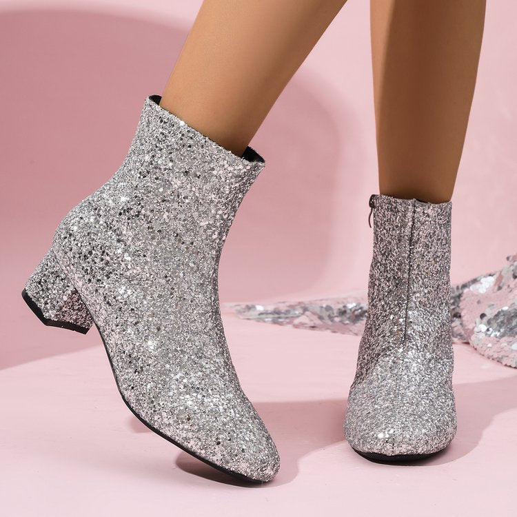 Damen nan glitzernde Stiefeletten mit kurzem Blockabsatz und seitlichem Reißverschluss Nord Taschen