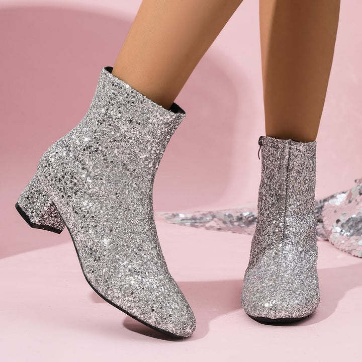 Damen nan glitzernde Stiefeletten mit kurzem Blockabsatz und seitlichem Reißverschluss Nord Taschen