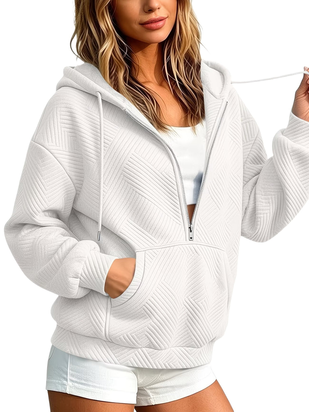 Damen Gequilteter Half-Zip Kapuzenpullover mit geometrischer Steppstruktur Nord Taschen