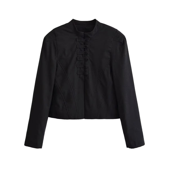 Damen Kurz geschnittene taillierte Jacke mit Stehkragen und dekorativem Schlaufenverschluss Nord Taschen