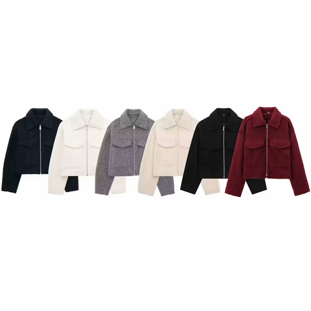 Damen Kurzgeschnittene Sherpa-Jacke mit Reißverschluss und aufgesetzten Pattentaschen Nord Taschen