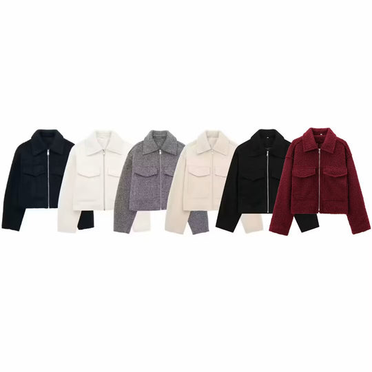 Damen Kurzgeschnittene Sherpa-Jacke mit Reißverschluss und aufgesetzten Pattentaschen Nord Taschen