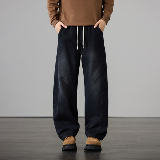 Herren Weite Baumwoll-Drawstring-Hose im Vintage-Waschlook Nord Taschen