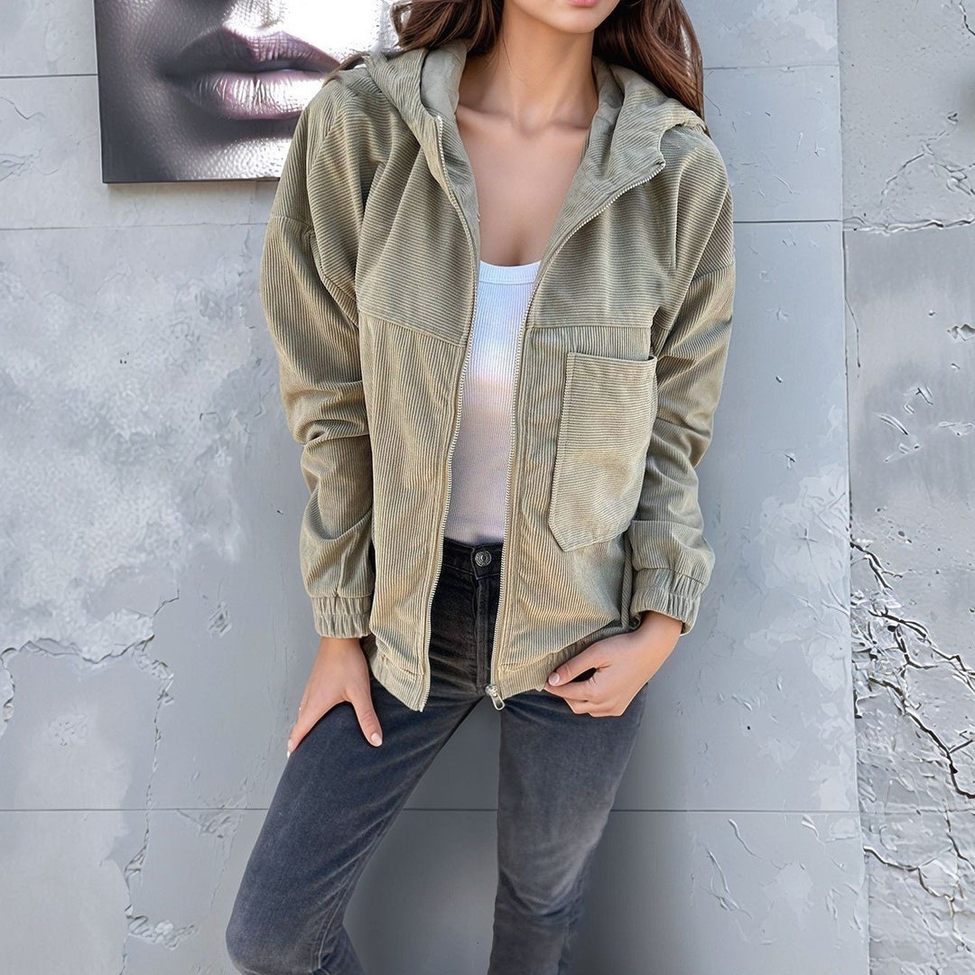 Damen Cord-Zipjacke mit Kapuze, Rippstruktur und Eingrifftaschen Nord Taschen
