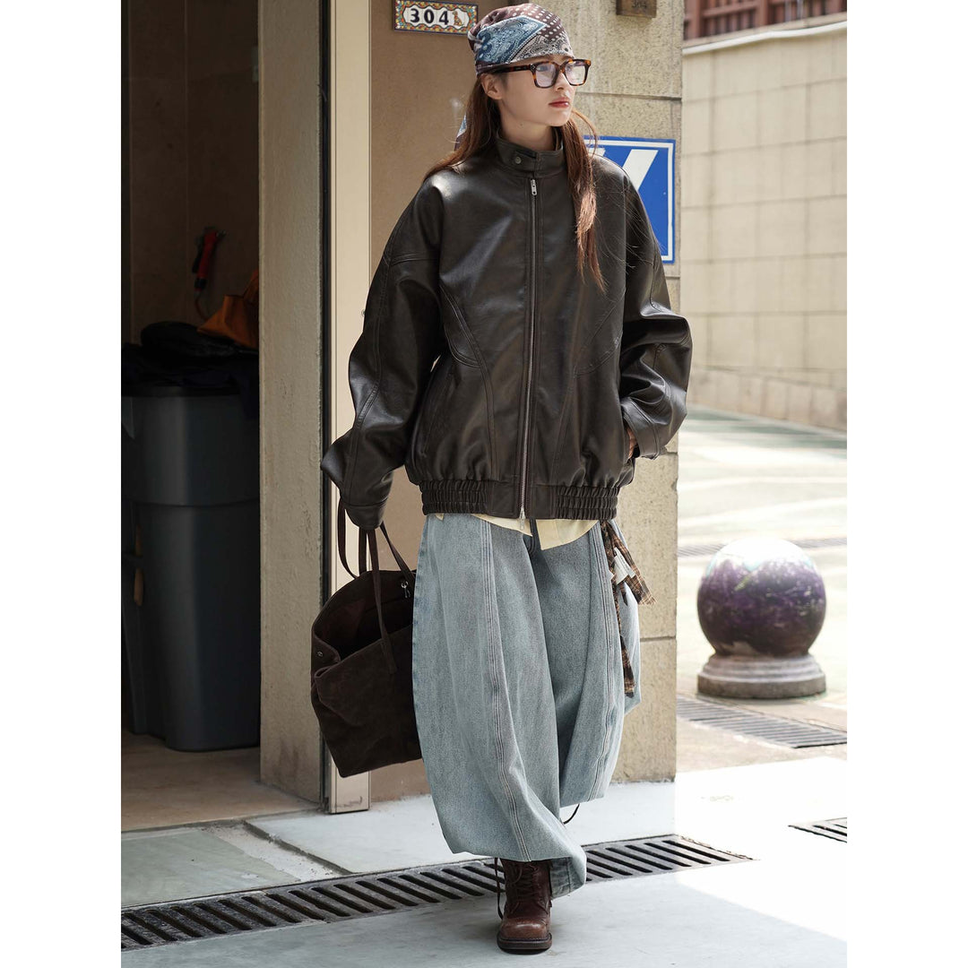 Damen Oversized Lederbomberjacke mit Stehkragen, verdecktem Reißverschluss und gerafftem Bund Nord Taschen