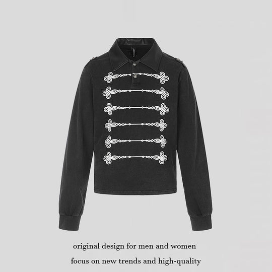 Damen Pullover im Military-Style mit Polokragen, dekorativen Frogging‑Applikationen und Epauletten Nord Taschen