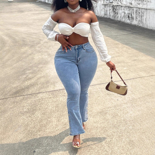 Damen High-Waist Stretch-Jeans mit leichtem Flare und seitlichen Druckknopf-Details Nord Taschen