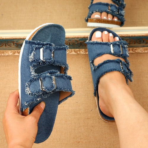 Damen Pantoletten mit modischem Denim-Design und verstellbaren Riemen