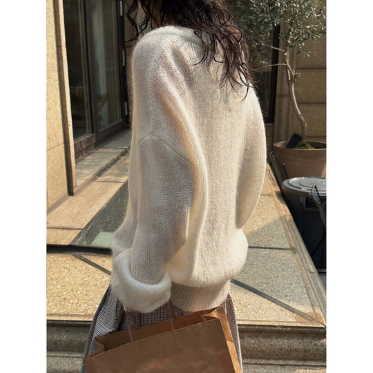 Damen Oversize Mohair‑Mix V-Ausschnitt Pullover mit extraweitem Ärmel Nord Taschen