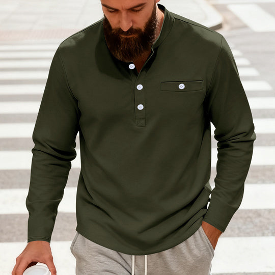 Herren Lässiges Henley-Langarmshirt mit Stehkragen, Brusttasche und abgerundetem Saum Nord Taschen