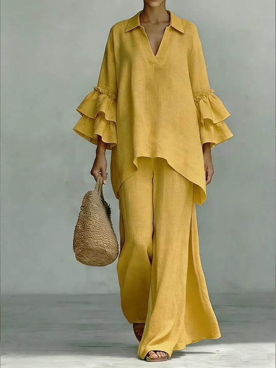 Damen Leinen-Loungewear-Set mit Volantärmeln und weitem Palazzo-Hose Nord Taschen
