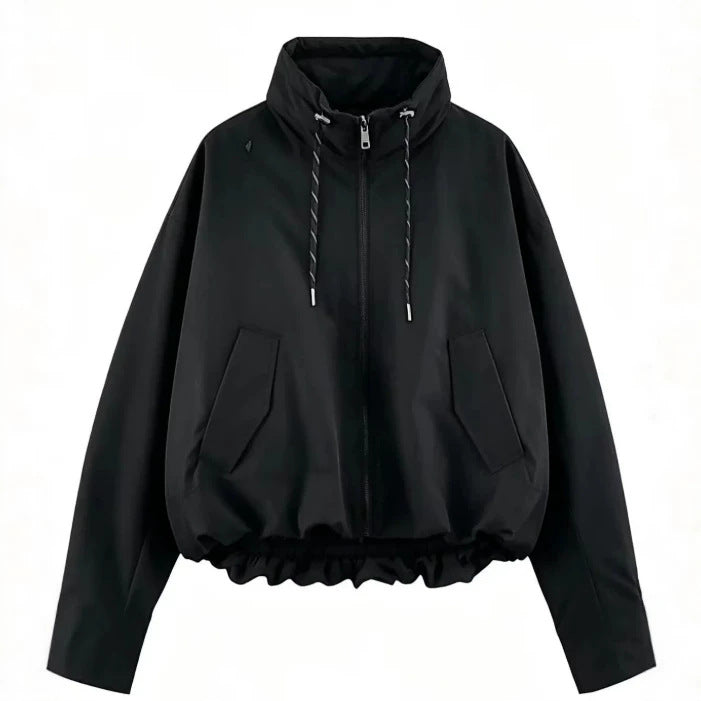 Damen Oversize Cropped Kapuzenjacke mit durchgehendem Reißverschluss, Kordelzug und gerafftem Saum Nord Taschen