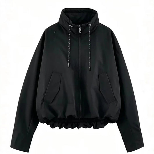 Damen Oversize Cropped Kapuzenjacke mit durchgehendem Reißverschluss, Kordelzug und gerafftem Saum Nord Taschen