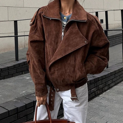 Damen Kurze Veloursleder-Bomberjacke mit hohem Stehkragen und Taillengürtel Nord Taschen