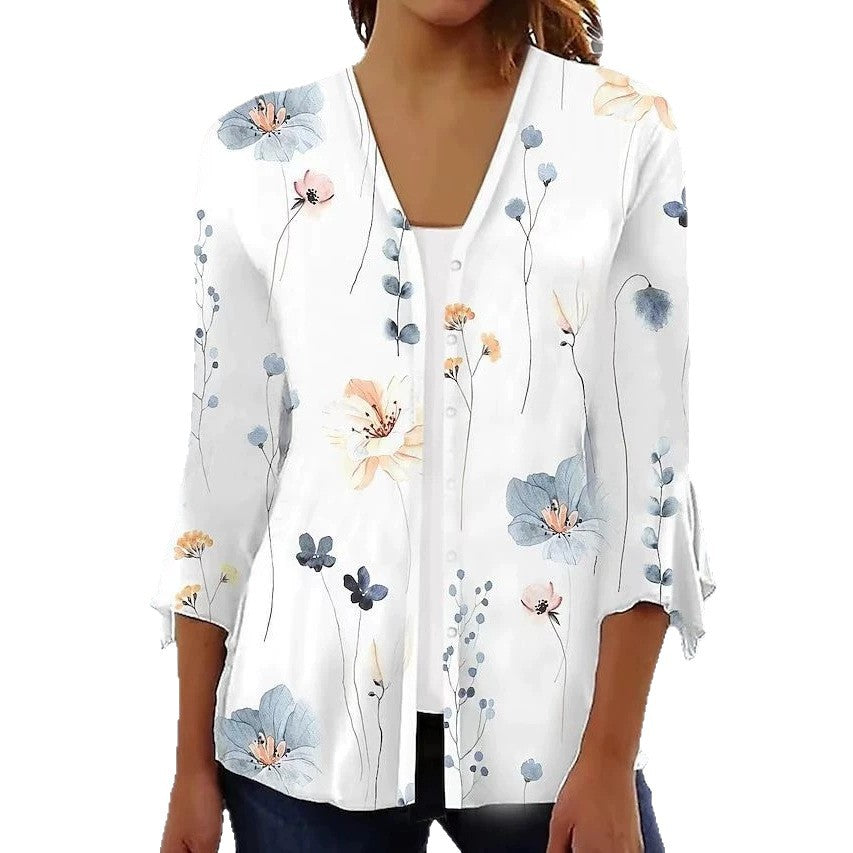 Damen nan leichte Chiffonbluse mit Aquarellblumenprint, V‑Ausschnitt, Knopfleiste und dreiviertelärmeln