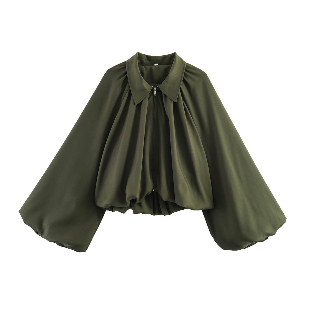 Damen Kurze Cape-Jacke mit voluminösen Ballonärmeln, Stehkragen und Reißverschluss Nord Taschen