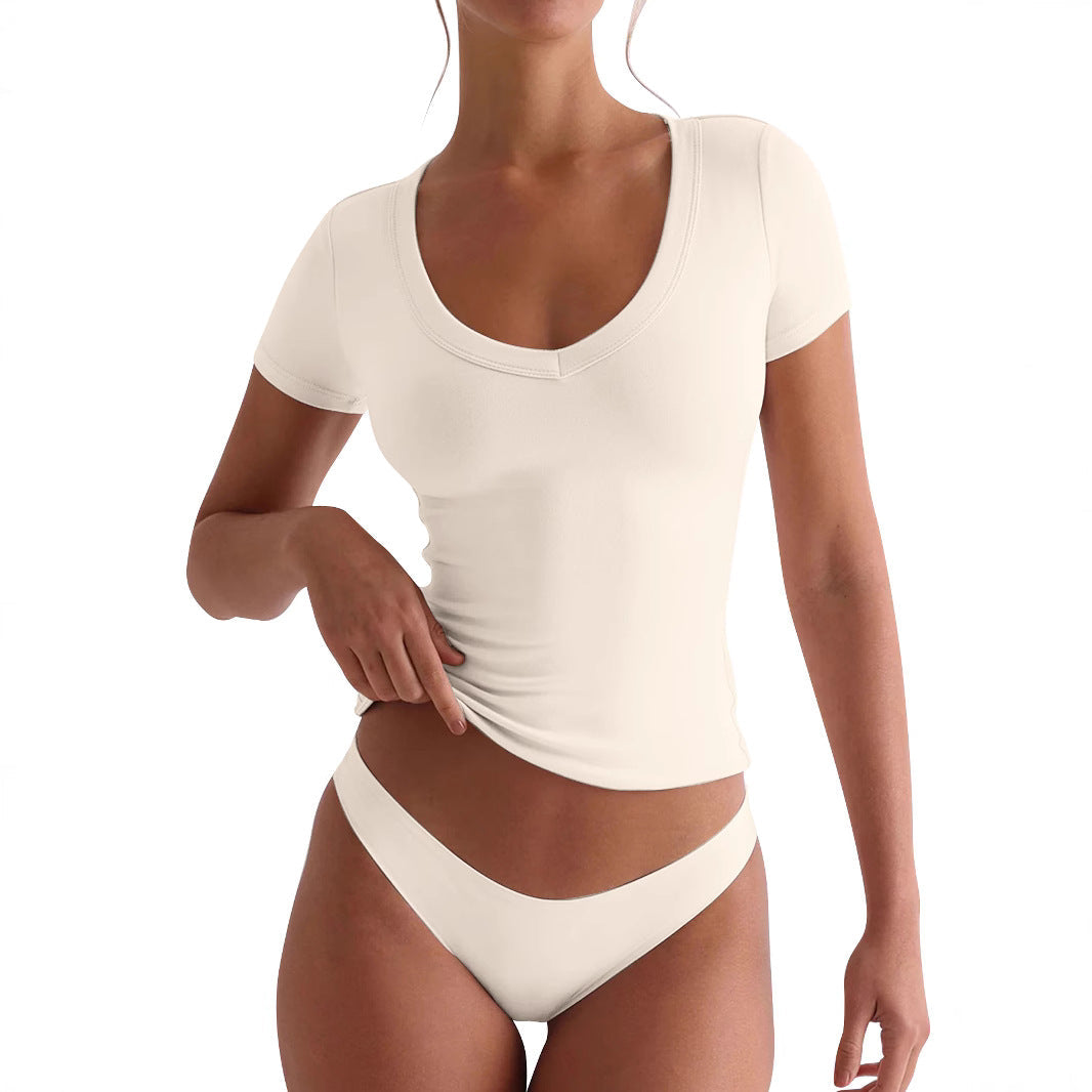 Damen figurbetontes V-Neck T-Shirt mit kurzen Ärmeln