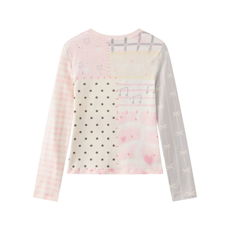 Damen Langarmshirt mit verspieltem Teddybär-Print, Mixed-Muster und Spitzenband Nord Taschen