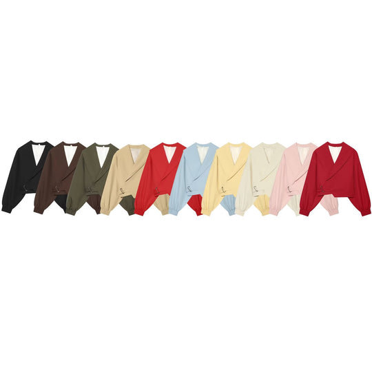 Damen Kurze Wickeljacke mit weitem Schalkragen, taillierendem Schnallenband und Ballonärmeln Nord Taschen