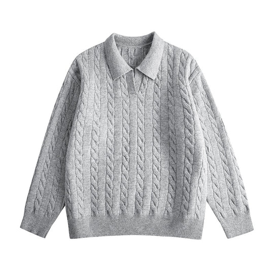 Damen Oversize Kabelstrick-Polo-Pullover mit V‑Ausschnitt und geripptem Saum Nord Taschen
