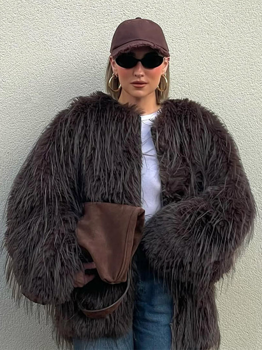 Damen Oversize Kunstpelz‑Mantel mit langfloriger Shag‑Optik und kastiger Silhouette Nord Taschen